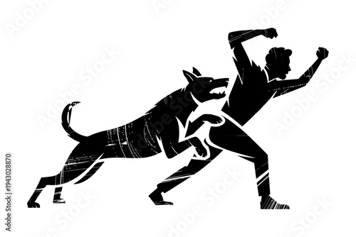 A dog silhouette illustration attacking a man in a defensive stance