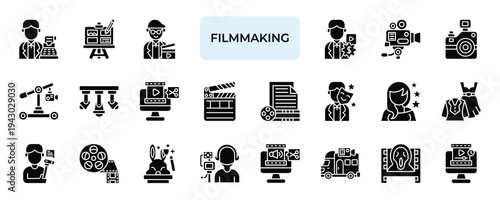 Filmmaking Icon set Collection in Solid Glyph Style. cinema, movie, director, producer, actor, script