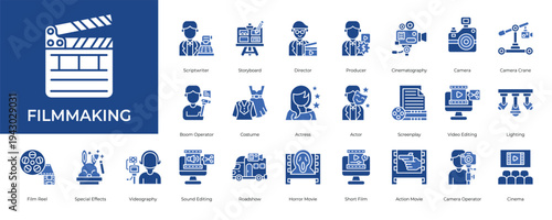 Filmmaking Icon set Collection in Glyph Two Color Style. cinema, movie, director, producer, actor, script