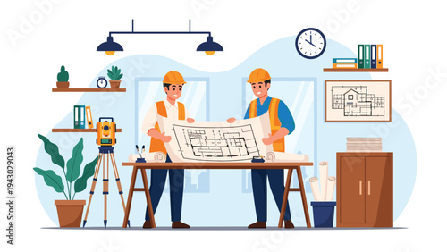 Two construction engineers in safety helmets and vests reviewing technical building blueprints together in a modern design office.