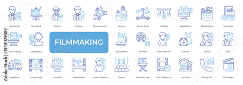 Filmmaking Icon set Collection in Line Two Color Style. cinema, movie, director, producer, actor, script