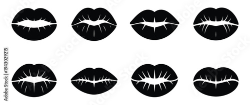 Kiss lips silhouette icon pack, Valentine’s Day vector illustrations isolated on white background for romantic designs, greeting cards, social media, and holiday creative projects.