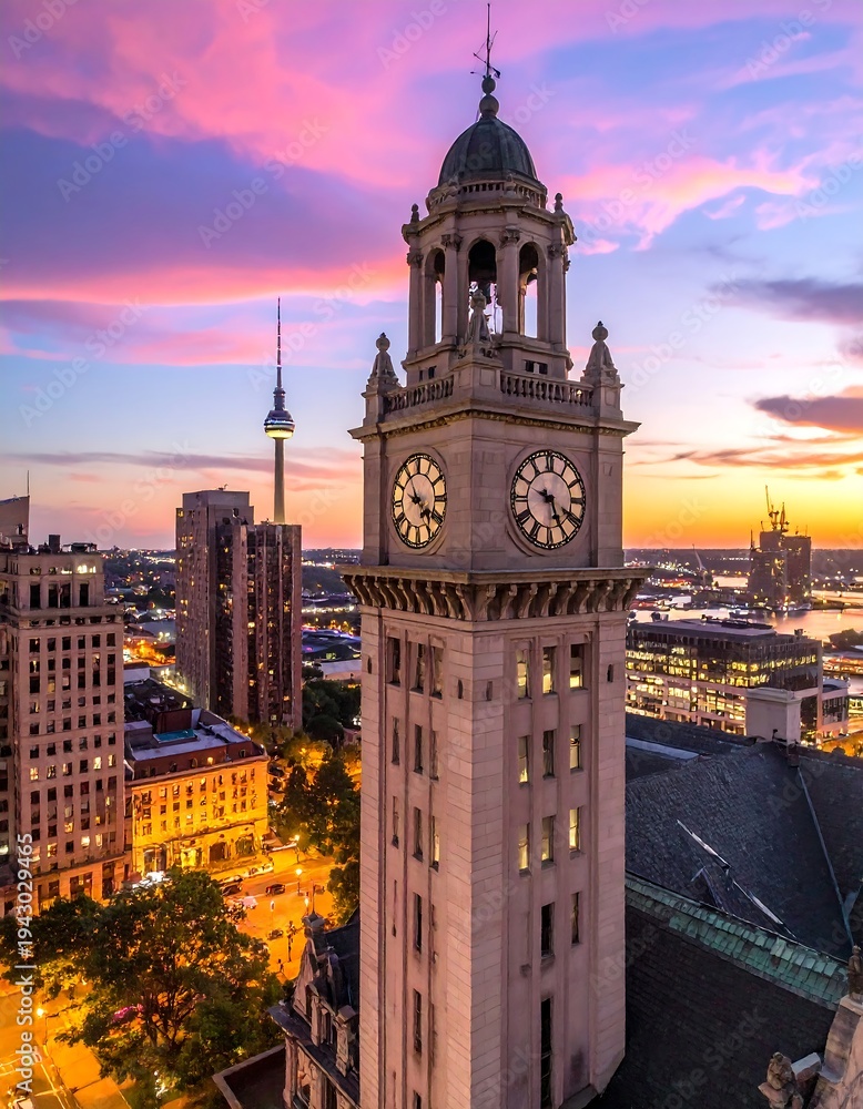 Fototapeta premium City skyline at sunset with a tall clock tower