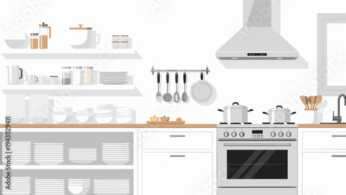 Minimalist modern kitchen interior featuring clean white cabinets and shelves with organized dishes and cooking appliances.