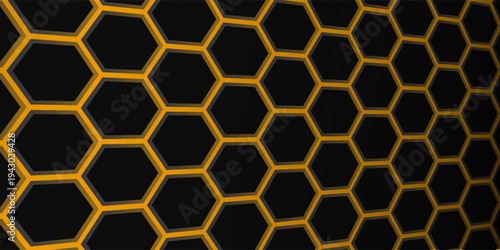 Abstract yellow hexagon texture on black background. Modern vector design template for use element cover, poster, banner, business advertising, corporate, presentation