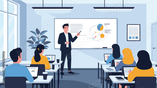 Instructor teaching a professional training course to students using laptops and digital screens in a modern classroom setting.