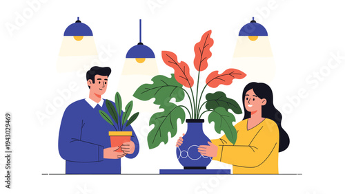 Happy couple caring for indoor plants at home under cozy hanging lamps to create a peaceful and green living room environment.