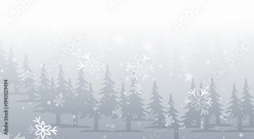 A serene winter forest landscape with layers of gray evergreen trees and falling snow, perfect for holiday season designs and festive backgrounds.