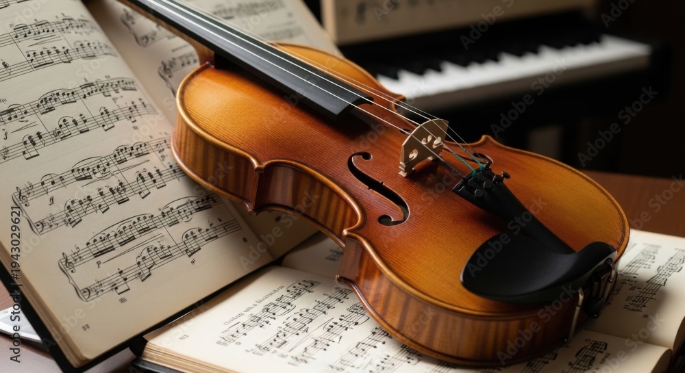 Fototapeta premium Violin on Sheet Music Background with Piano Keys Classic Music Performance