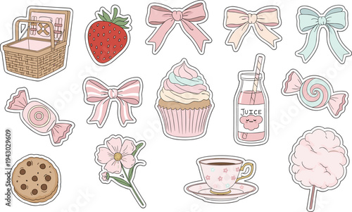 Colorful sweet treats flat lay with bows and flowers in pastel colors on white background for bakery branding