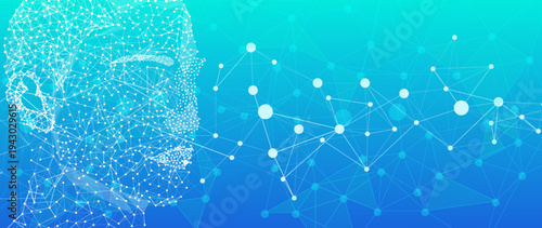 Abstract blue and teal background shows a futuristic wireframe human face and interconnected digital network, symbolizing artificial intelligence, data, and technological innovation.