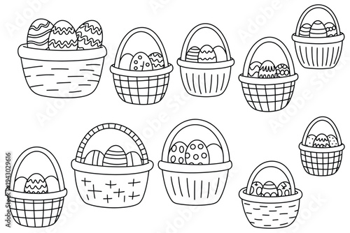 Easter egg baskets illustration with various decorated eggs and handles