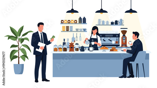 Professional barista serving a fresh cup of coffee to a businessman in a modern cafe with coffee machines and pastries on the counter.