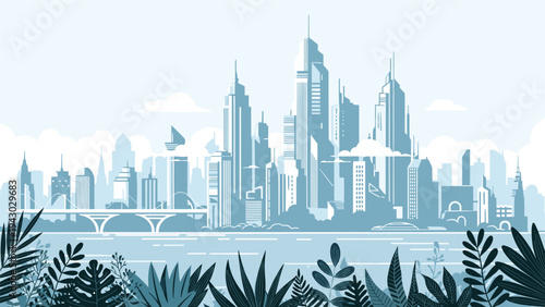 Serene illustration of a modern city skyline with tall skyscrapers overlooking a river framed by lush green plants and tropical foliage.