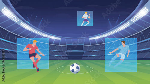 Three soccer players in a stadium with a soccer ball on the field, football