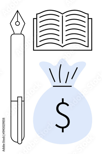 Financial education, savings, wealth management, investment strategies, budget planning, career growth. An open book, a pen and a money bag with a dollar sign. Financial education and savings