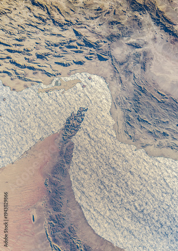 Strait of Hormuz. Map of the Middle East, Persian Gulf and Indian Ocean connecting across the Strait of Hormuz. Satellite view of Iran, United Arab Emirates, Qatar, Bahrain and Oman, 3d render
