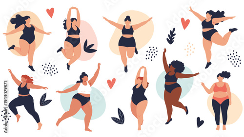 Group of happy and confident body positive women in swimwear jumping and dancing together in a celebration of self love and diversity.
