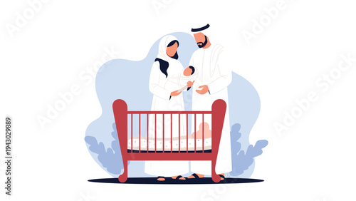 Loving Muslim couple in traditional clothing standing by a crib while caring for their newborn baby in a peaceful blue themed nursery room.