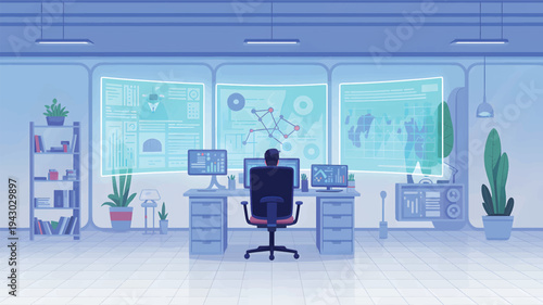 A person working at a computer in a futuristic control room with a data monitor screen