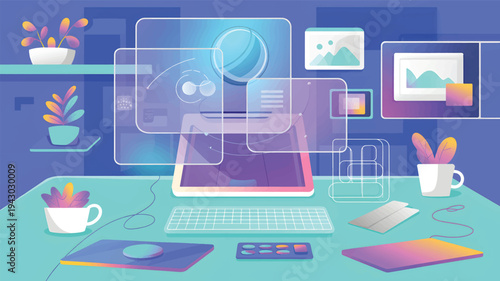 Digital workspace with holographic interface and potted plants, computer, laptop keyboard