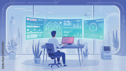 A man working at a desk with multiple monitors displaying data charts, a computer