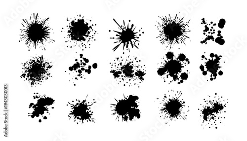 Collection of black ink splatters and paint splashes on white background. Grunge texture elements ideal for abstract designs, backgrounds, and artistic projects.