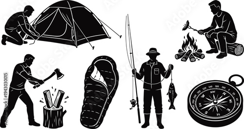 Outdoor Camping and Wilderness Survival Linocut Set