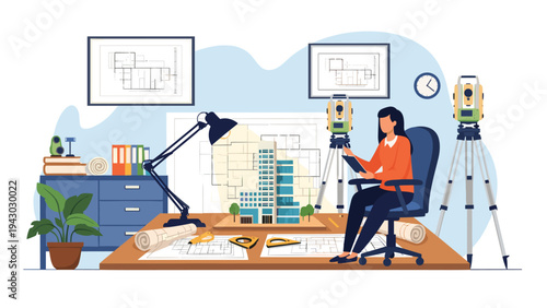 Female architect working at her desk on a building project with a city model, surveying equipment, and blueprints in a bright studio.