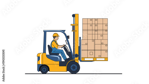 Skilled forklift operator in a safety vest and helmet carefully lifting a tall stack of cardboard boxes on a pallet in a clean warehouse.
