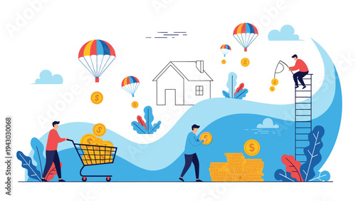 Financial concept illustration showing people saving and investing money with gold coins, shopping carts, and a house plan background.