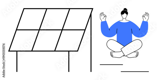 Renewable energy, mindfulness, sustainability, eco-living, alternative energy, self-care. Solar panel next to a person meditating in yoga pose. Renewable energy and mindfulness concept
