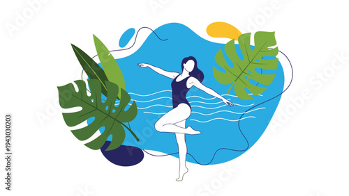 Graceful woman in a swimsuit performing a dance or swimming pose within an abstract blue wave surrounded by green monstera leaves.