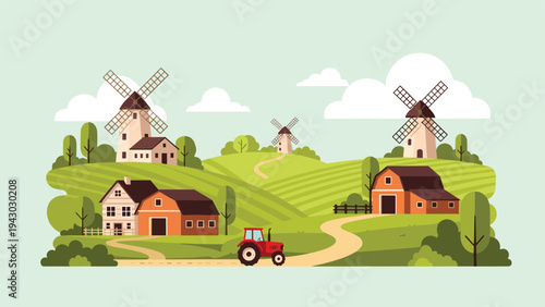 Picturesque rural landscape featuring green rolling hills, a red tractor on a path, farmhouses, barns, and traditional windmills in the fields.