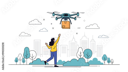 Young woman in a city park reaching out to receive a package being delivered by an advanced flying drone against a urban skyline backdrop.