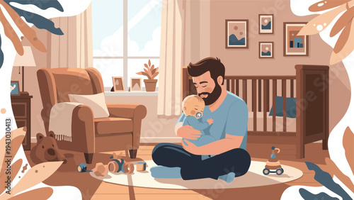 Loving father holding his sleeping baby in a warm and cozy nursery room with a crib and rocking chair in a home family setting.