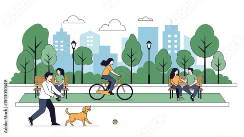 Diverse people enjoy various activities in a city park with green trees, benches, a cyclist, and a person playing with a dog.