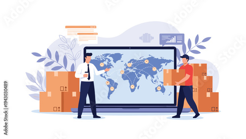 Logistics concept features workers handling packages in front of a large screen displaying a world map with global delivery routes.