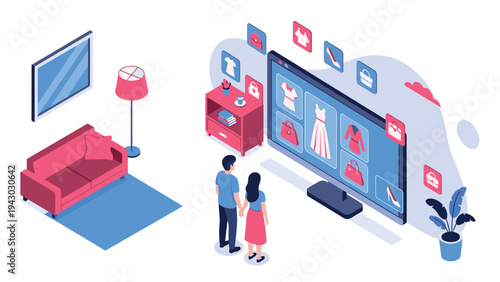 Couple stands in their living room while browsing through various clothing and fashion items on a large digital shopping screen.