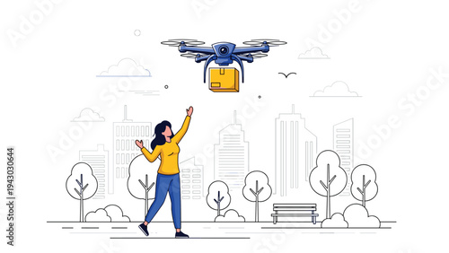 Advanced delivery drone flies above a city park to deliver a package to a woman waiting below with her arms raised in excitement.