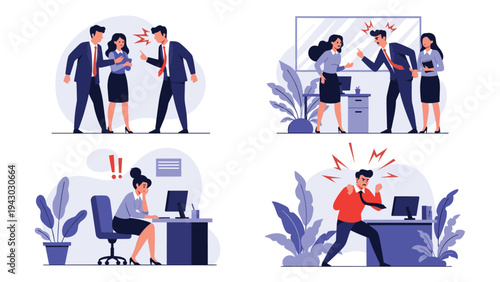 Series of illustrations depicts different types of office conflict and workplace stress including arguments, frustration, and overwork.