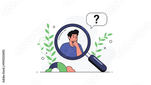Pensive man looking up at a question mark is viewed through a giant magnifying glass surrounded by green leaves.
