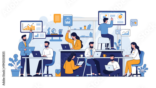 Energetic office workspace filled with people working on laptops, presenting data, and collaborating in a vibrant business environment.