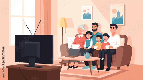 Multi-generational family sits together on a sofa in their living room while happily watching television and drinking tea.