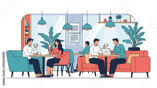 Group of people enjoys a relaxing time in a modern cafe sitting on comfortable sofas and drinking coffee together.