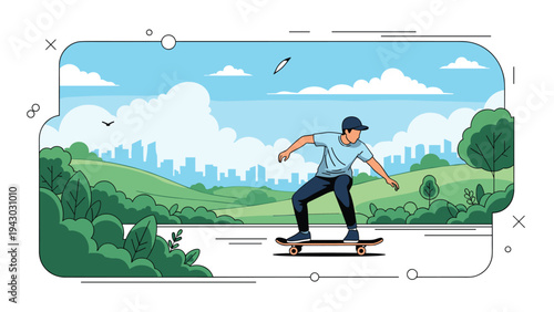 Young man in a blue shirt and cap performs a trick on his skateboard on a smooth path in a beautiful city park.