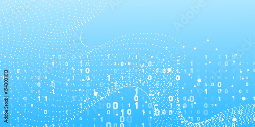Abstract technology background with binary data 0, 1, global network connections, and flowing digital information on a light blue gradient backdrop.
