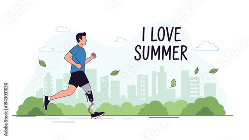 Determined man with a prosthetic leg runs through a city park during a bright summer day with the text I love summer.