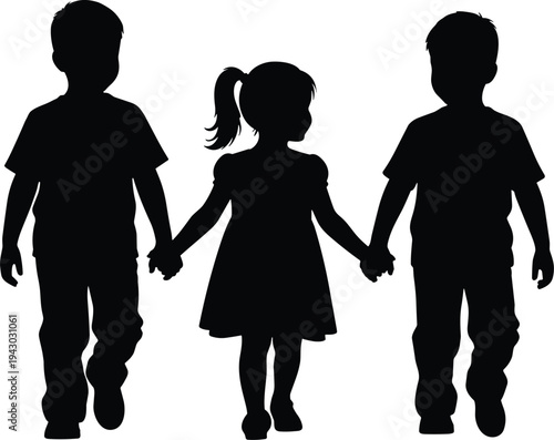Children silhouette vector illustration, three kids holding hands, unity symbol, friendship artwork, family bond, childhood innocence, education design, flat vector illustration