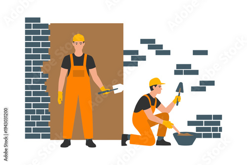 Mason workers in orange overalls building a brick wall with tools